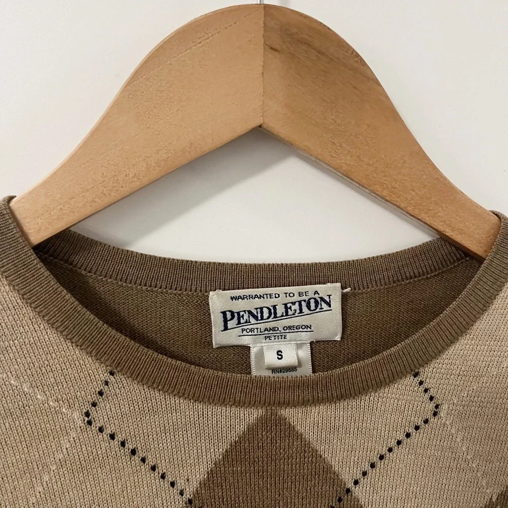 Pendleton Womens Petite S‎ Argyle Merino Wool Sweater Brown Tan Crew Neck 2198